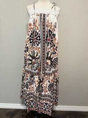 Farm Rio Womens Large Cream Tiered Midi Dress Flower Fan Tapestry NWT